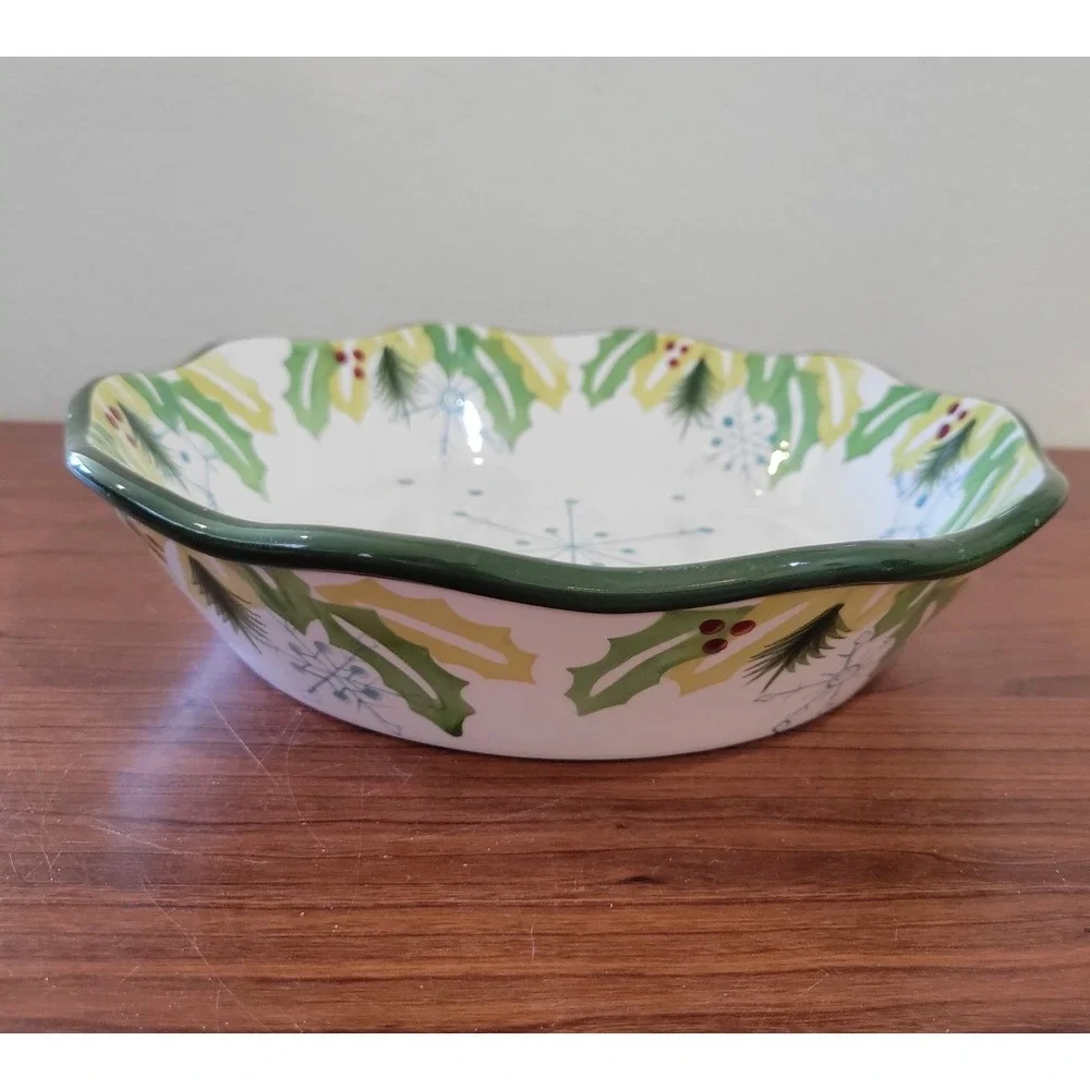 Temp-tations Hometown Christmas 9 Inch Pie Dish with Wire Rack Green Holly Berry